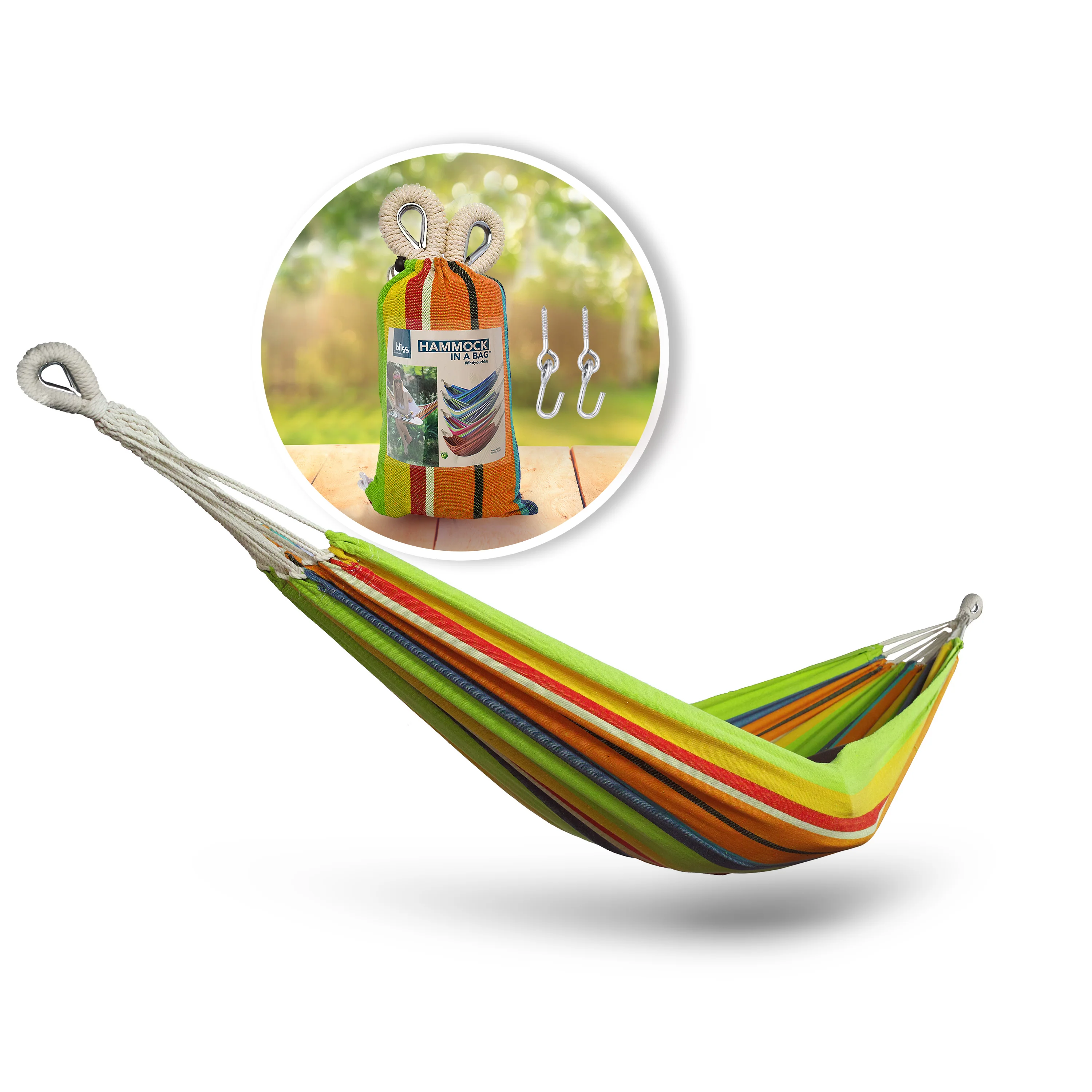 Bliss Hammocks BH-400-GC Hammock in a Bag W/ Rope loops & Hanging Hardware | 40-in. Wide | 220 Lb. Capacity (Guacamole Stripe)