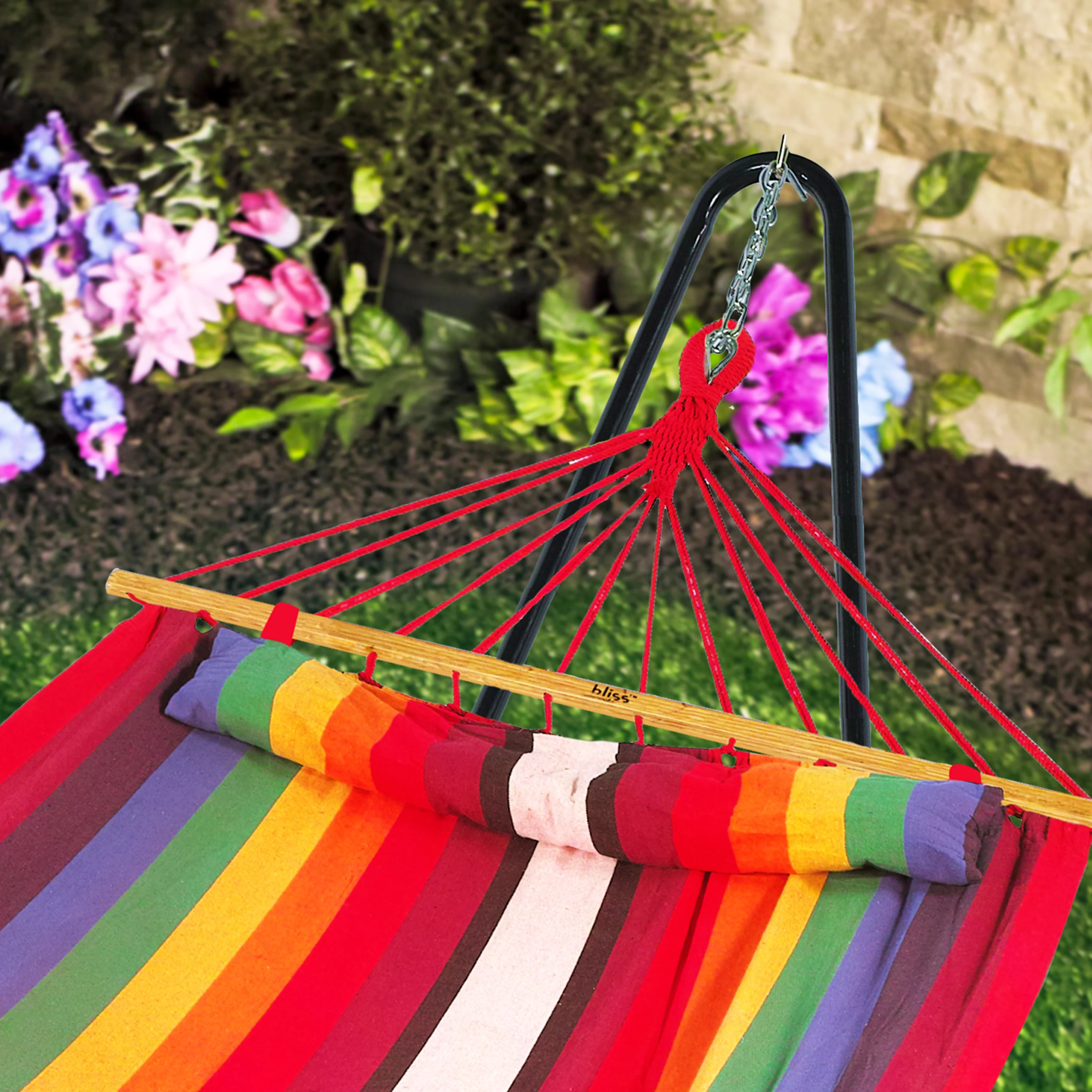 Bliss Hammocks BH-404 Caribbean Hammock w/ Pillow & Hanging Hardware | 48-in. Wide | 265 Lb. Capacity (Tequila Sunrise) - Image 7