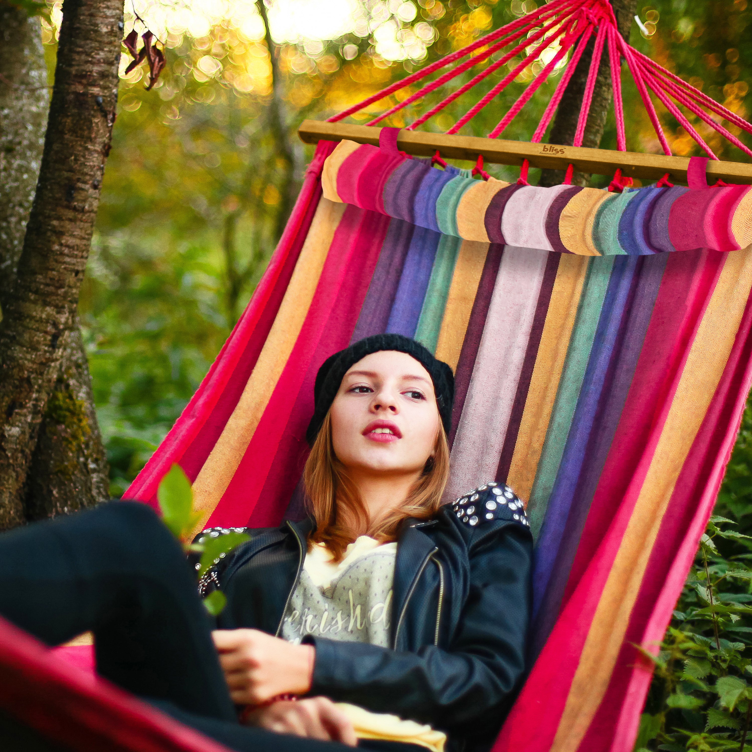 Bliss Hammocks BH-404 Caribbean Hammock w/ Pillow & Hanging Hardware | 48-in. Wide | 265 Lb. Capacity (Tequila Sunrise) - Image 8