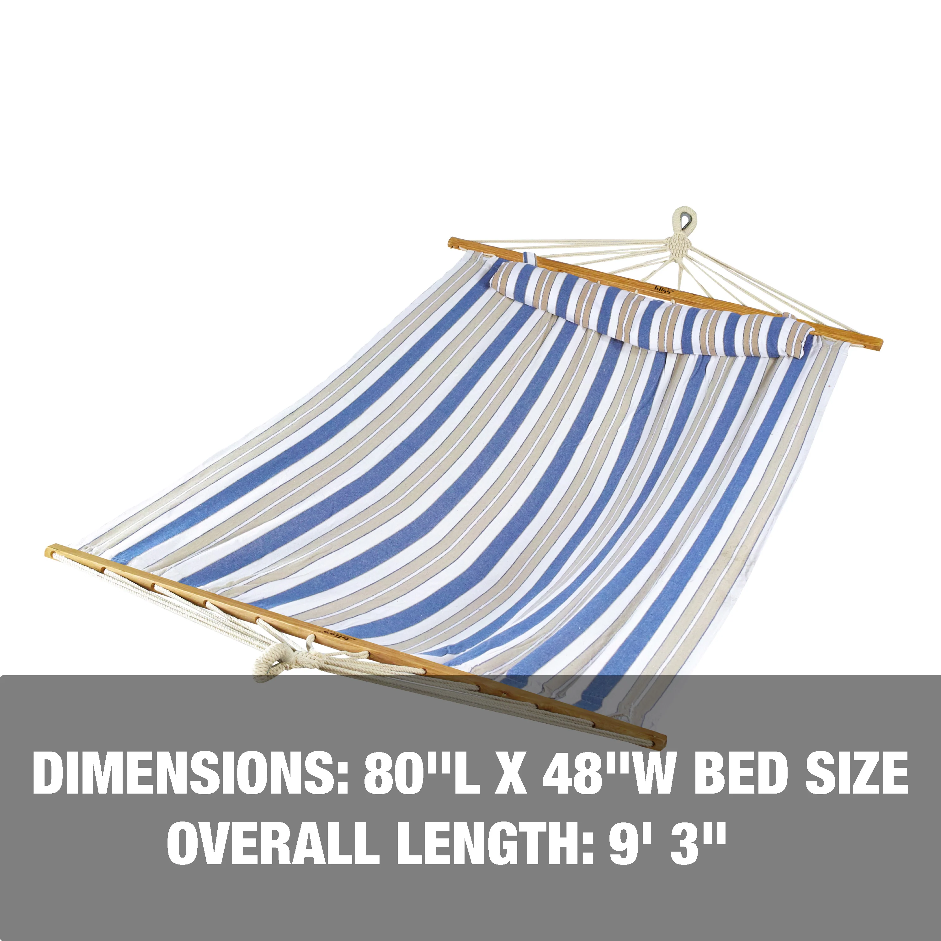 Bliss Hammocks BH-404H Caribbean Hammock w/ Pillow & Hanging Hardware | 48-in. Wide | 265 Lb. Capacity (Nautical Stripe) - Image 2