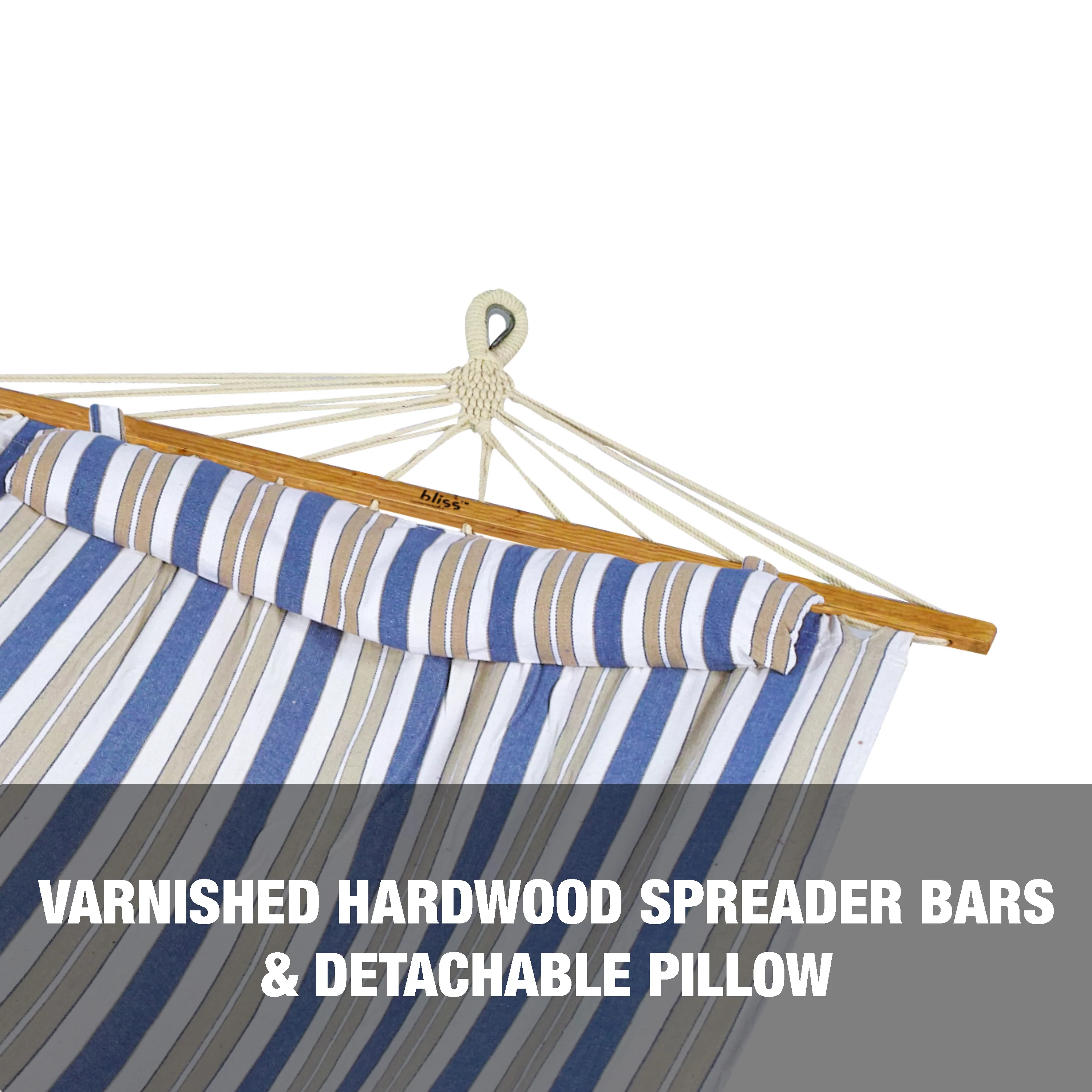 Bliss Hammocks BH-404H Caribbean Hammock w/ Pillow & Hanging Hardware | 48-in. Wide | 265 Lb. Capacity (Nautical Stripe) - Image 3