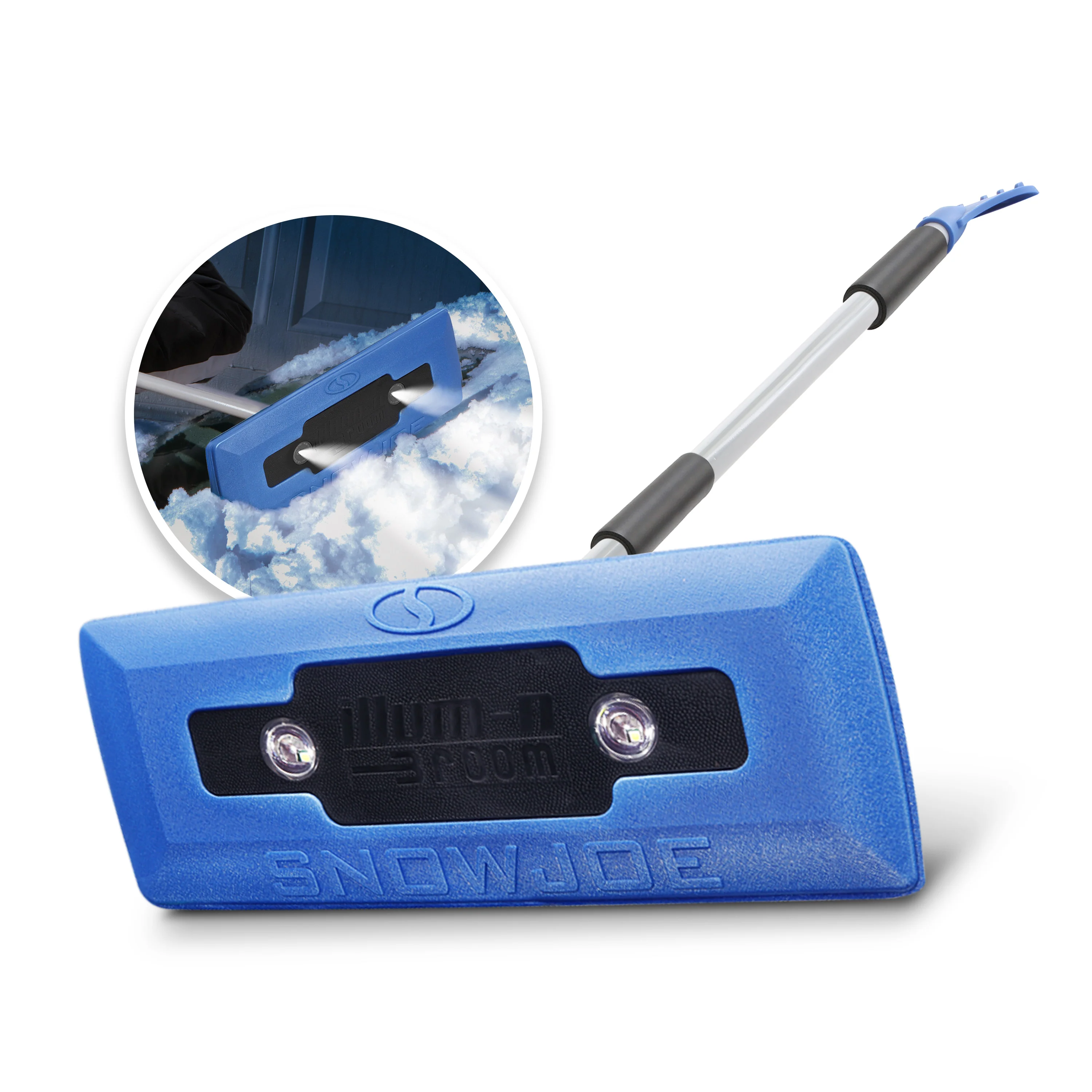 Snow Joe SJBLZD-LED 4-In-1 Telescoping Snow Broom + Ice Scraper | 18-Inch Foam Head | Headlights (Blue)