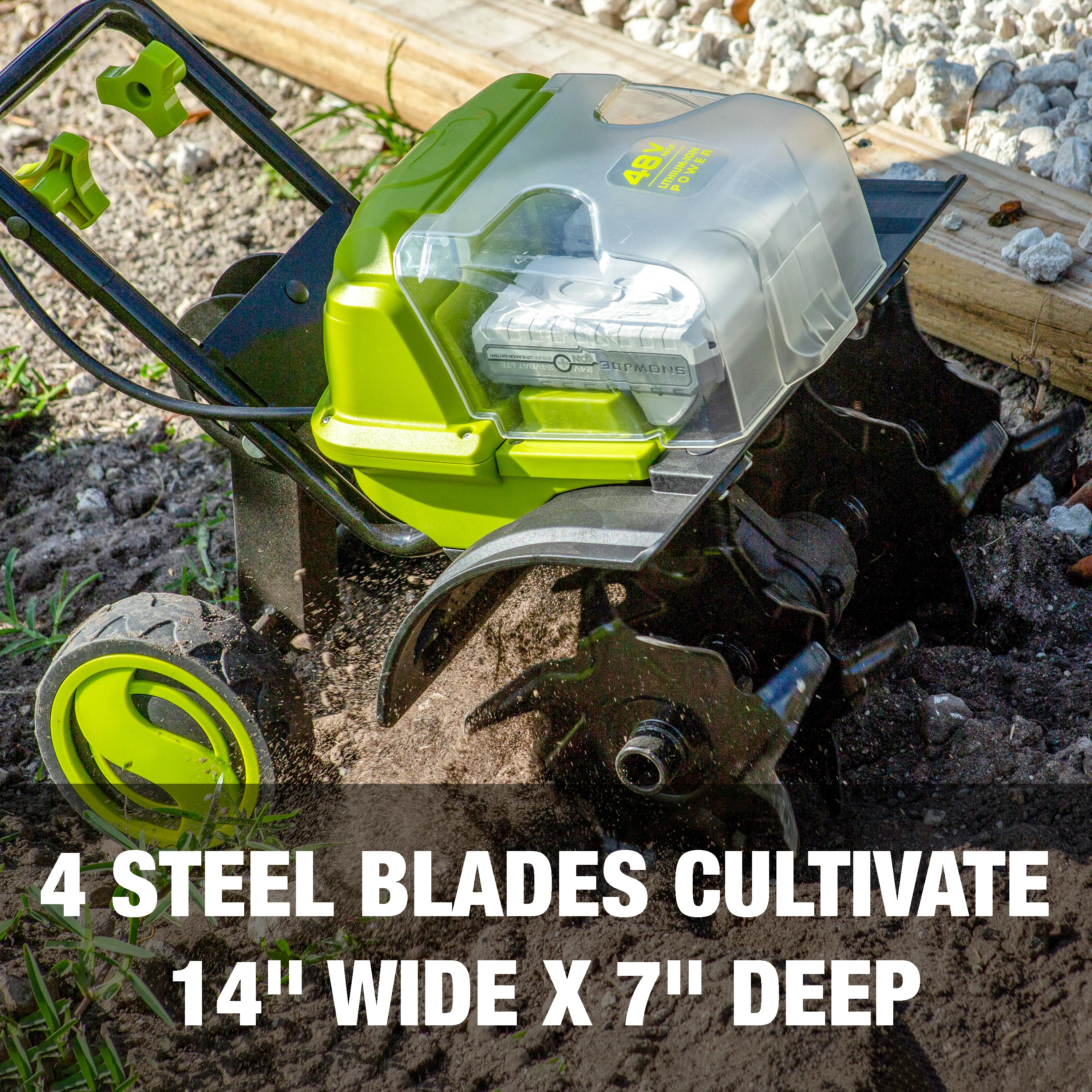 Sun Joe 48-Volt* IONMAX Cordless Garden Tiller + Cultivator Kit | W/ 2 x 5.0-Ah Batteries + Charger - Image 9