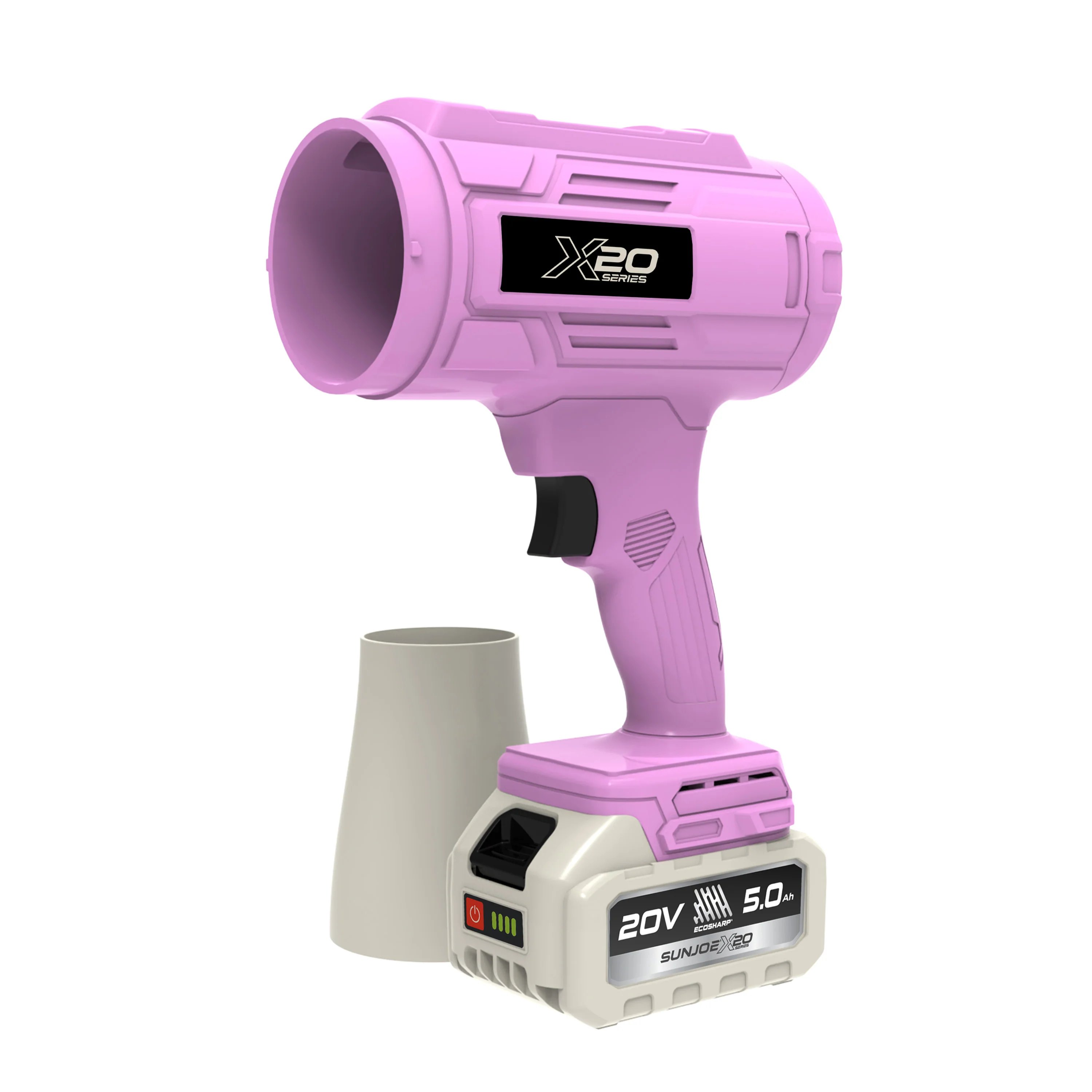 Sun Joe 20-Volt ECOSHARP Cordless X20 StormJet Handheld Turbo Blower  | 40 CFM | 5.0-Ah Battery + Charger (Pink) - Image 18