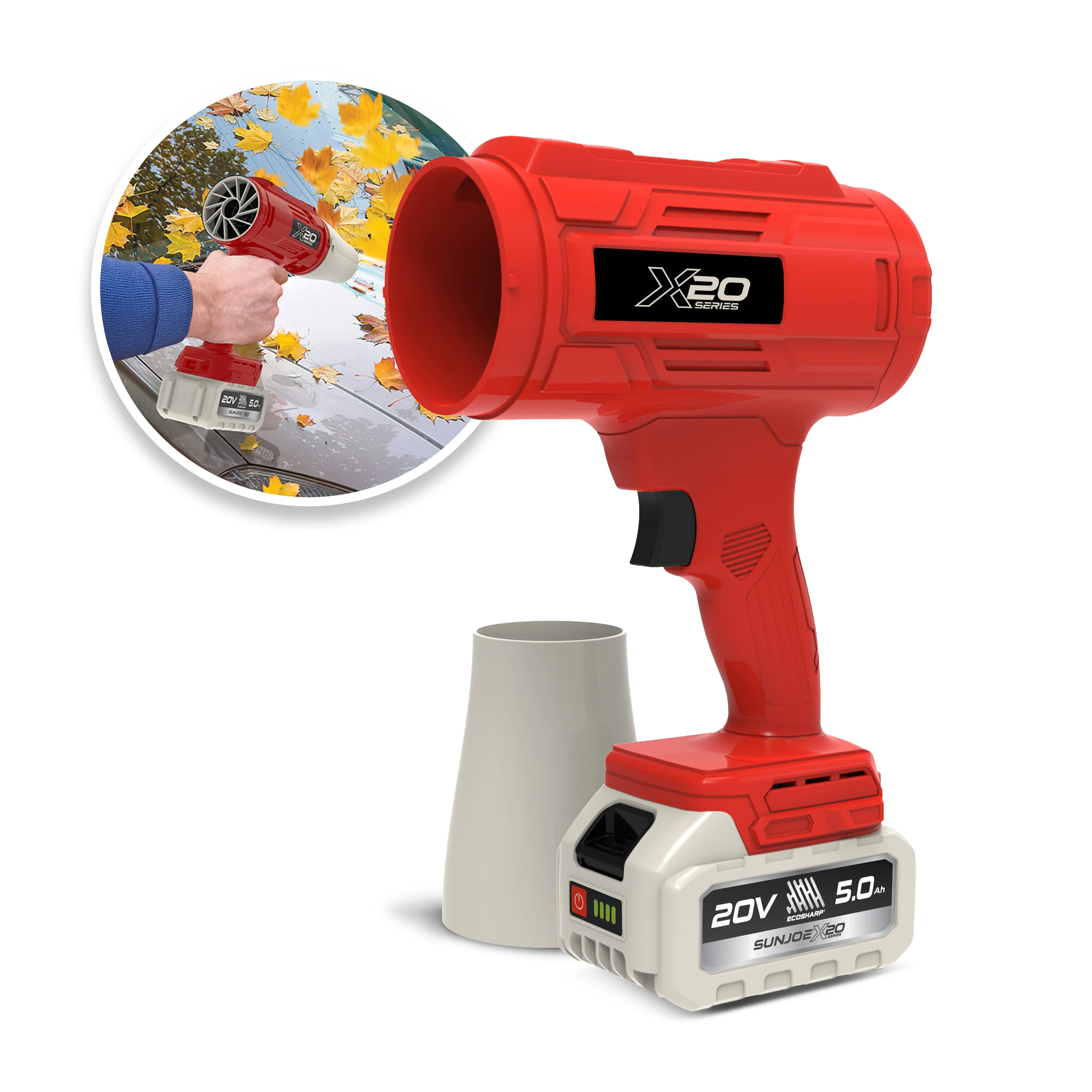 Sun Joe 20-Volt ECOSHARP Cordless X20 StormJet Handheld Turbo Blower | 40 CFM | 5.0-Ah Battery + Charger (Red)