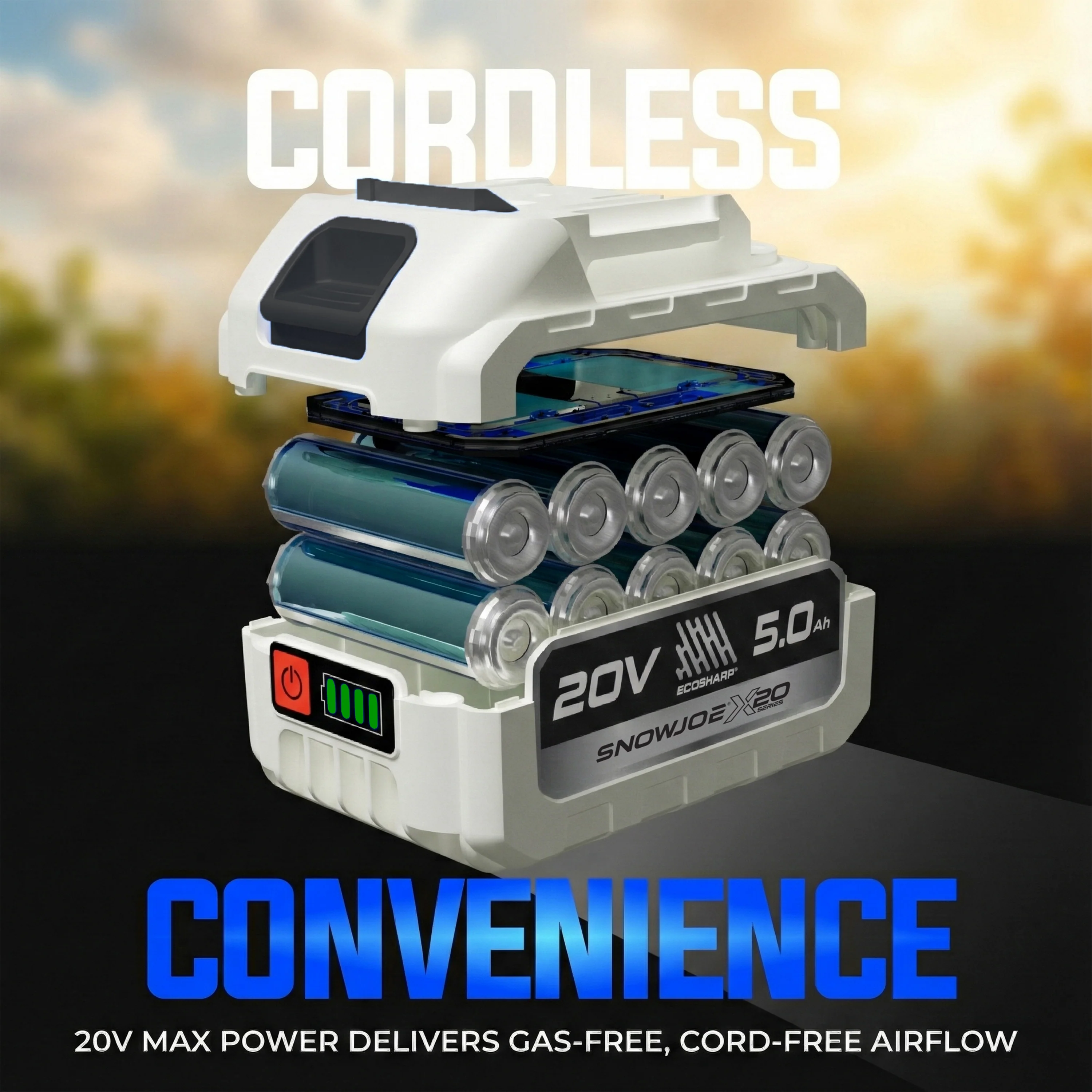 Sun Joe 20-Volt ECOSHARP Cordless X20 StormJet Handheld Turbo Blower | 40 CFM | 5.0-Ah Battery + Charger (Red) - Image 10