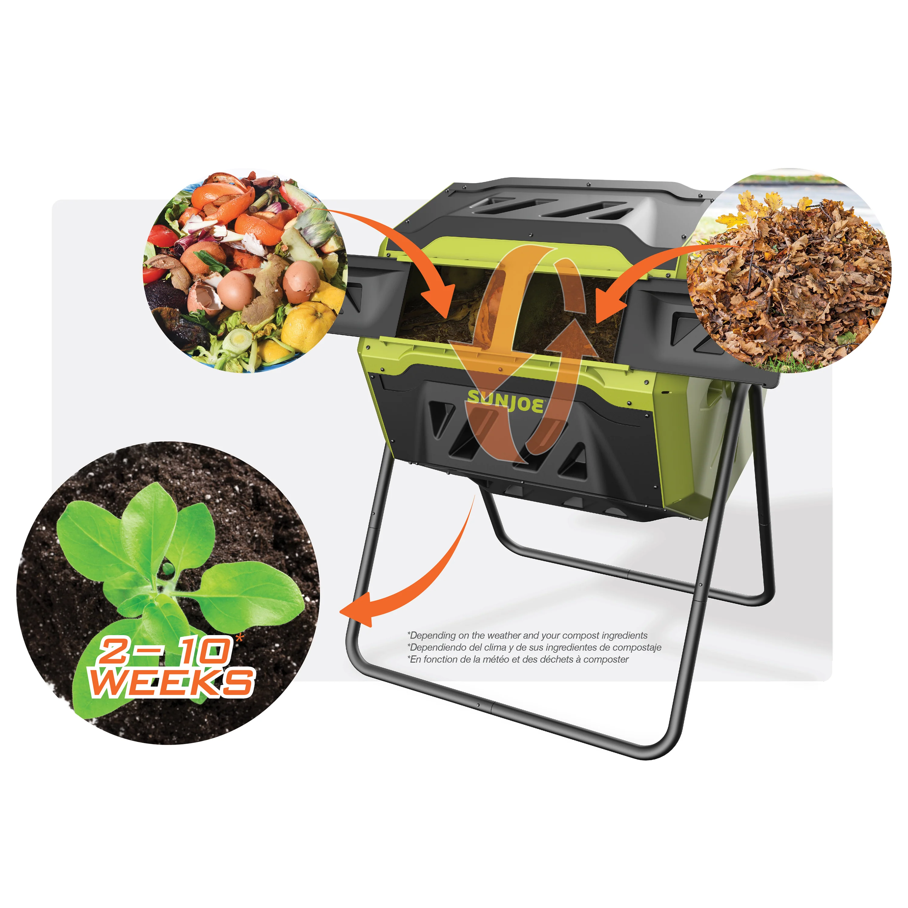 Sun Joe All-Season Outdoor Tumbling Composter | Dual Sliding Chamber | 42-Gallon | 2-10 Weeks - Image 8