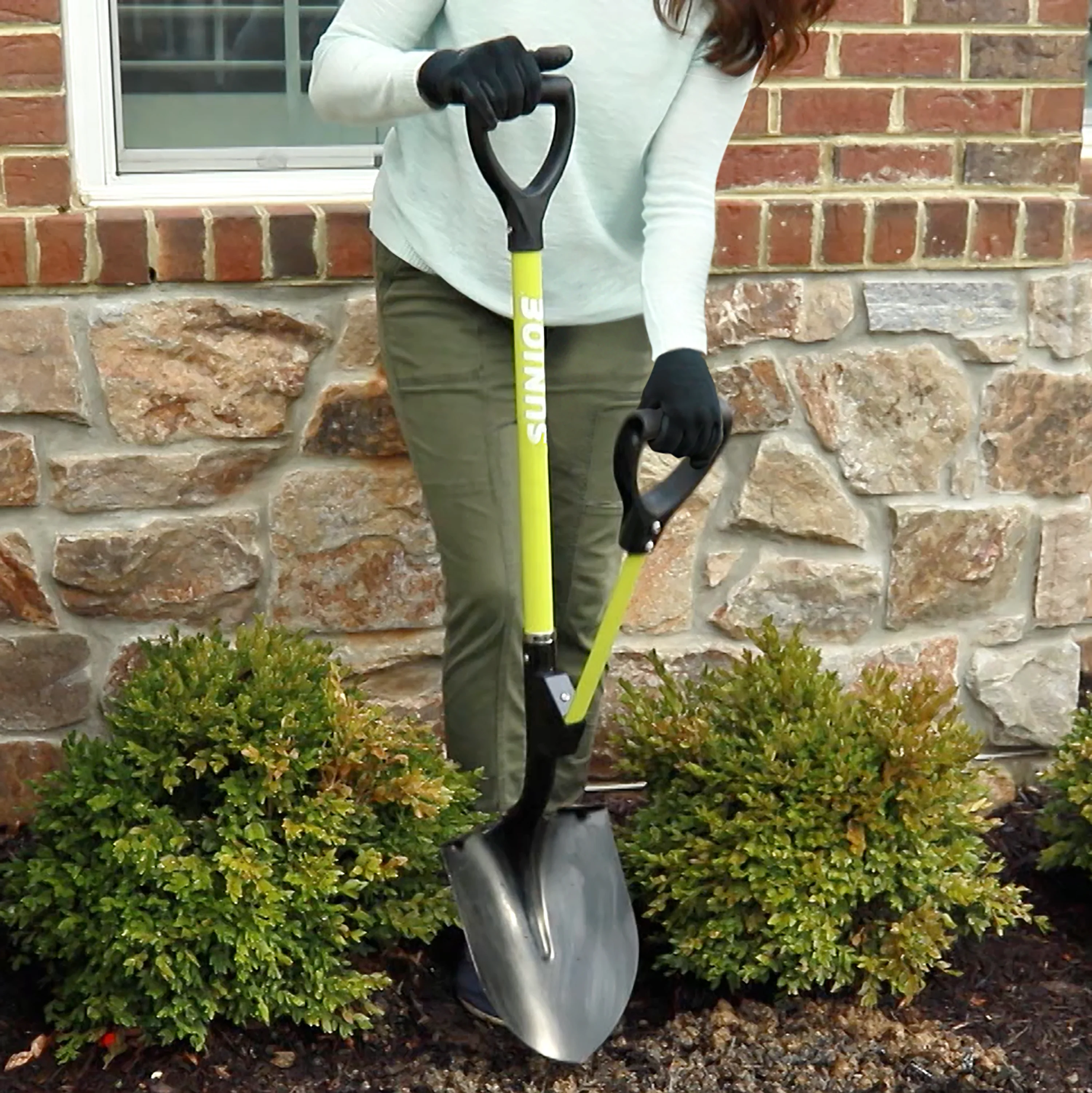 Sun Joe SJ-SHLV06 Shovelution Strain-Reducing Utility Round-Point Digging Garden Shovel | Patented Shovelution Auxiliary Handle | 9-Inch Steel Head (Green) - Image 4