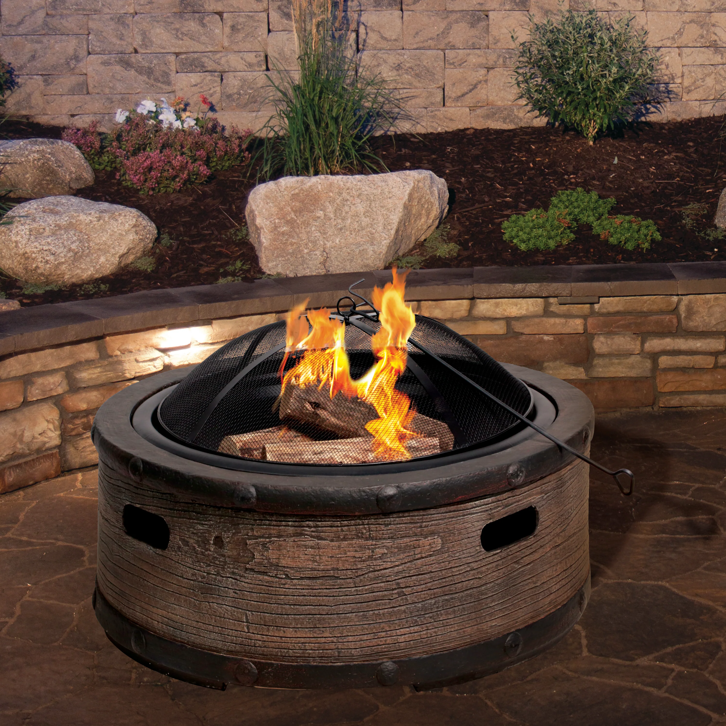 Sun Joe SJFP35-STN-BRL 35-in. Cast Stone Base, Wood Burning Fire Pit w/Dome Screen and Poker, Rustic Barrel - Image 3