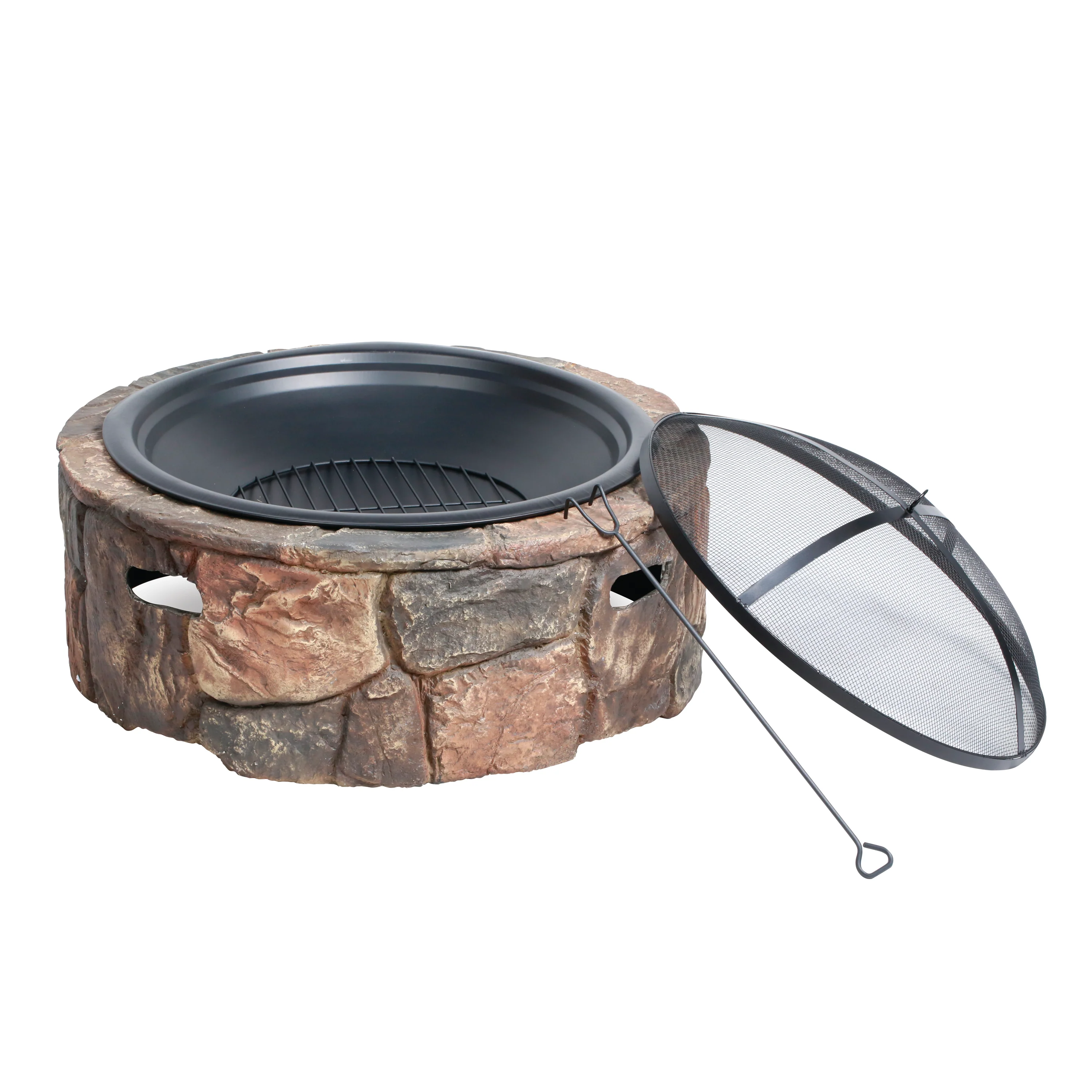 Sun Joe SJFP35-STN-LSN 35-in. Cast Stone Base, Wood Burning Fire Pit w/Dome Screen and Poker, Large Stone - Image 2