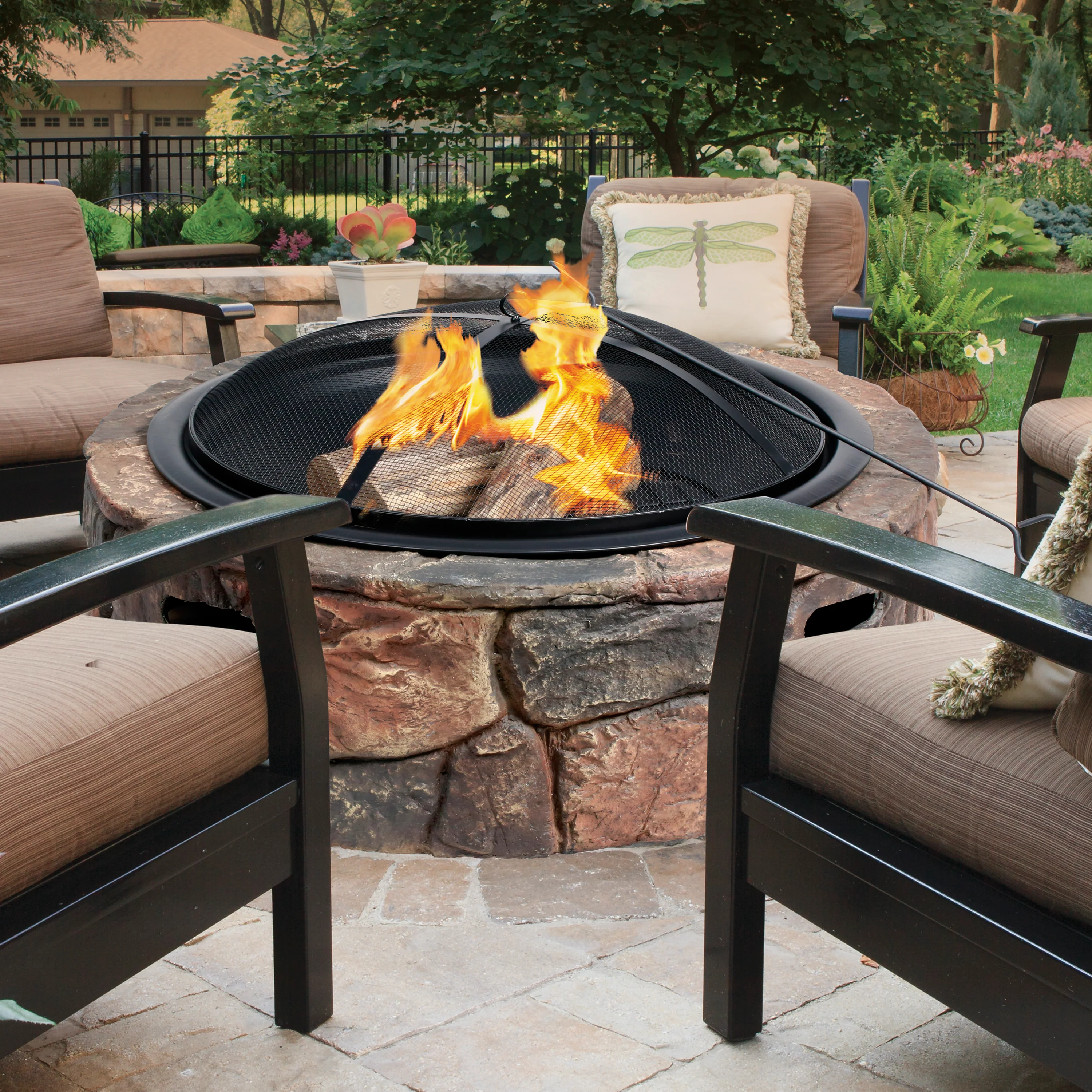 Sun Joe SJFP35-STN-LSN 35-in. Cast Stone Base, Wood Burning Fire Pit w/Dome Screen and Poker, Large Stone - Image 3