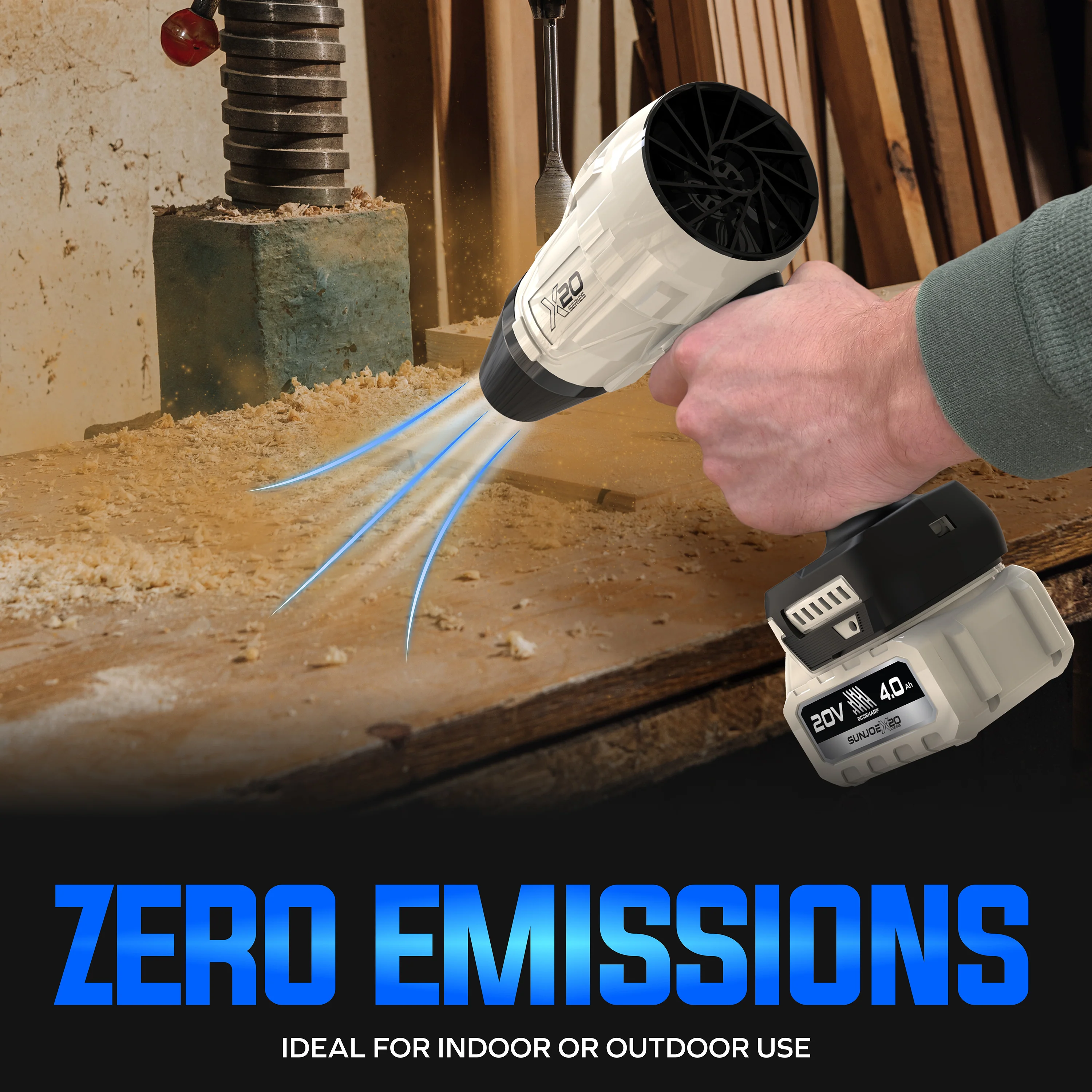 Sun Joe 20-Volt ECOSHARP Cordless X20 StormJet Handheld Turbo Blower | 40 CFM | W/ 2 x 4.0-Ah Batteries + Charger - Image 4