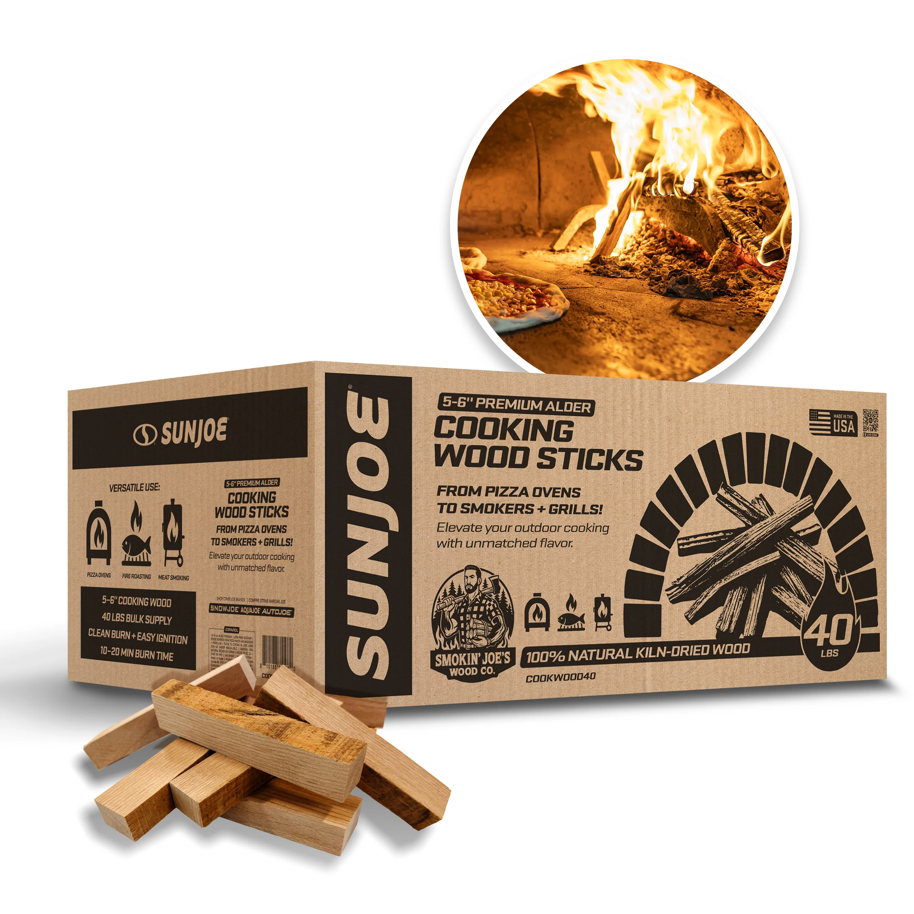 Sun Joe Cooking Wood Sticks | 100% Natural Kiln-Dried Wood for Pizza Ovens, Smokers & Grills | 40-Lb. Box